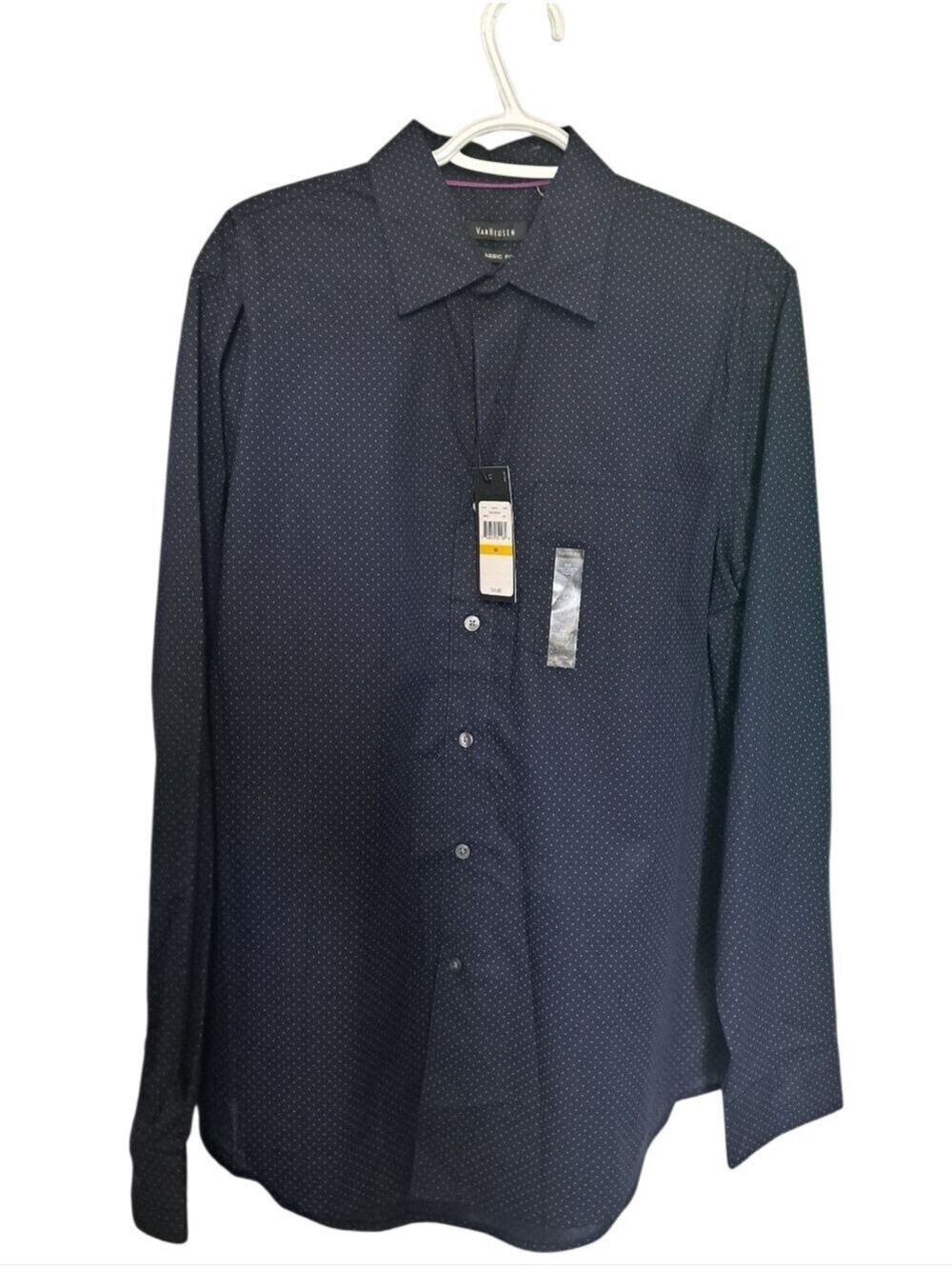 VAN HEUSEN classic fit shirt midnight blue tiny pink polka dots wrinkle free Med